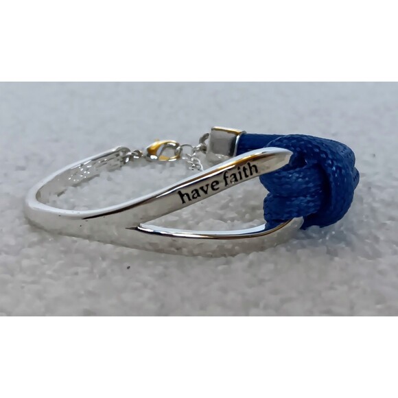 Avon Signed SAQ Silvertone & Blue Cord "Have Faith" Bracelet 6.5-7.5 in - Picture 2 of 14